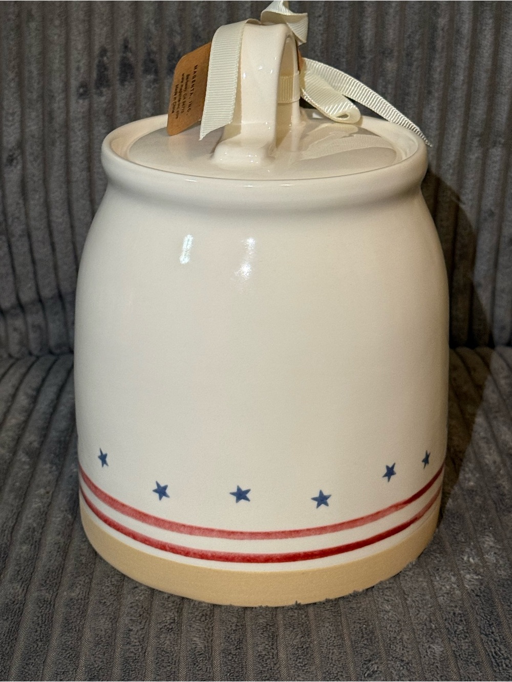 Rae Dunn White Ceramic Canister with Red Stripes & Blue Stars- HOMEMADE- NWT - Picture 2 of 7
